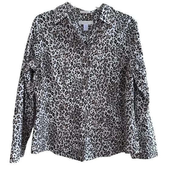 Chico’s Chic Leopard Print Blouse Shirt Long Sleeve Collar No-iron 8 Medium - Picture 1 of 13